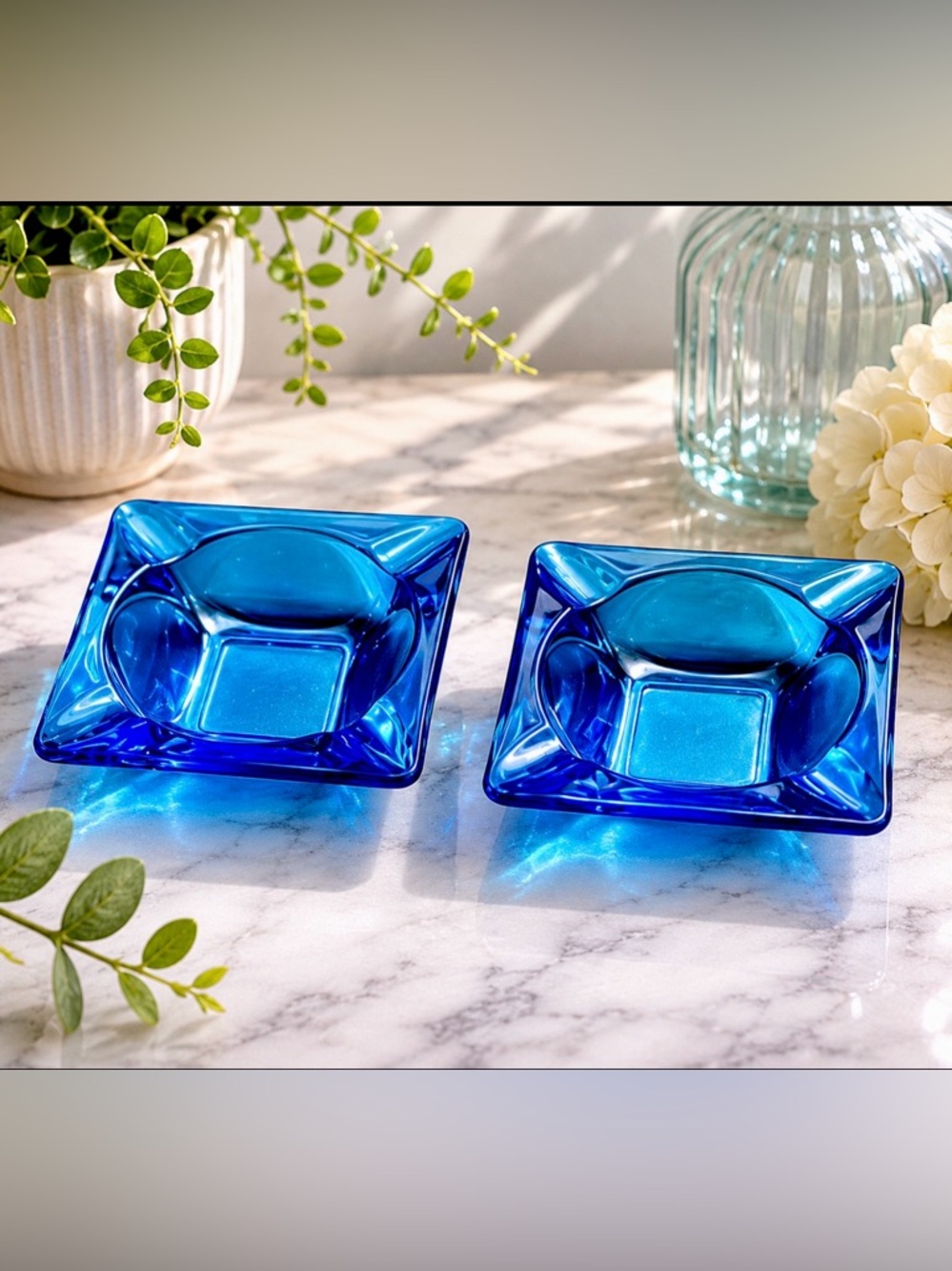 Vintage MCM Cobalt Blue Glass Ashtray Set 2pc Square Catchall Trinket Dish